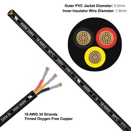 LINKSQ UL2464 20FT 18 Gauge 3 Conductor Electrical Wire, Tinned Oxygen Free Copper 3 Wires, 18/3 AWG Landscape Wire, OFC Speaker Cable, Low Voltage Wires, Automotive Battery Wire Cable