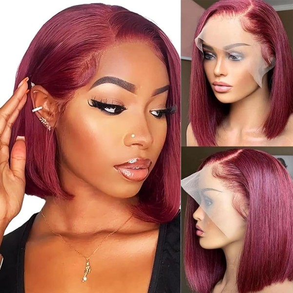 EQ DUOUPA 16 Inch 99j Burgundy Bob Wig Human Hair
