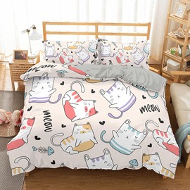 Treer Cat Duvet Cover Set Single Size for Kids Boys, 3 PCS Beige & Grey Cute Cartoon Animal Printed Bedding Set Soft Microfiber Easy Care Quilt Cover with 2 Pillow cases -135 x 210 cm