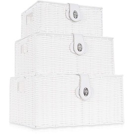 Homepeaz Set of 3 Woven Wicker Storage Basket Box with Lid & Lock, Built-in Carry Handles, Multifunctional Storage Organiser for Nursery, Baby, Clothes, Toys, Books, Large/Medium/Small Size (White)