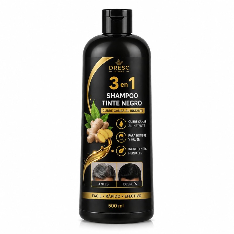 Shampoo Tinte Negro 3 en 1, Cubre Canas al Instante,