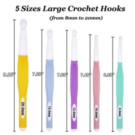 Hobekoee Large Crochet Hooks 5 Sizes Big Crochet Hook Set for Chunky Yarn,Ergonomic Handle Extra Long Crochet Hooks,8mm 10mm 12mm 15mm 20mm Crochet Needles Set with Case