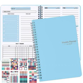 Undated Weekly Planner 52 Sheets Weekly Planner with 8 Planning Stickers A5 Daily Planner Notebook Self-Filling Pad as Book Calendar Student Calendar Notepad Organiser Book (Blue)