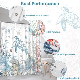 Nautical Coastal Shower Curtain, Funny Kids Sea Turtle Seashell Starfish Underwater Seahorse Shower Curtain for Bathroom, Polyester Fabric Ocean Themed Bathroom Decor Set with 12 Hooks, 72" W x 72" L
