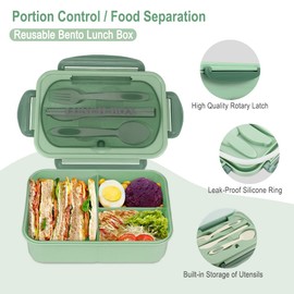 NatraProw Bento Box for Adult, 1200 ML Lunch Containers for Adults, LeakProof Lunch Box with Utensils, BPA Free, 3 Compartment Bento Box Microwave Safe, Green