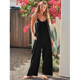 AUTOMET Jumpers for Women Summer Dressy Jumpers Loose Casual Sleeveless Jumpsuits Spaghetti Strap Jumpers Overalls Stretchy Wide Leg Rompers with Pockets Maternity Clothes Fashion 2024 Black L