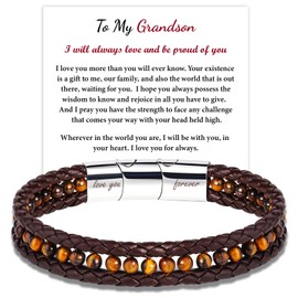 Mens Bracelet For Grandson Gifts From Grandma: To My Grandson Bracelet Unique Gifts For Him - Tiger Eye Bracelet Mens Leather Bracelets Christmas Graduation Valentines Day Birthday Gift Ideas For Men
