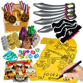 Treasure Hunt Set: Outdoor/Indoor Game (Scavenger Hunt) for Leisure & Children's Birthday - Complete Instructions, Pirate Props, Gold Coins, Diamonds, Treasure Chest, Sabre and More (for 4 Children)
