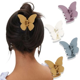 KIUEZIR 4 Packs Medium Butterfly Hair Claw Clips - Matte Acrylic Grip Clips for Fine Hair in 4 Colors (Pink/Yellow/White/Blue), Stylish Accessories for Women Work, Dates & Casual Styling