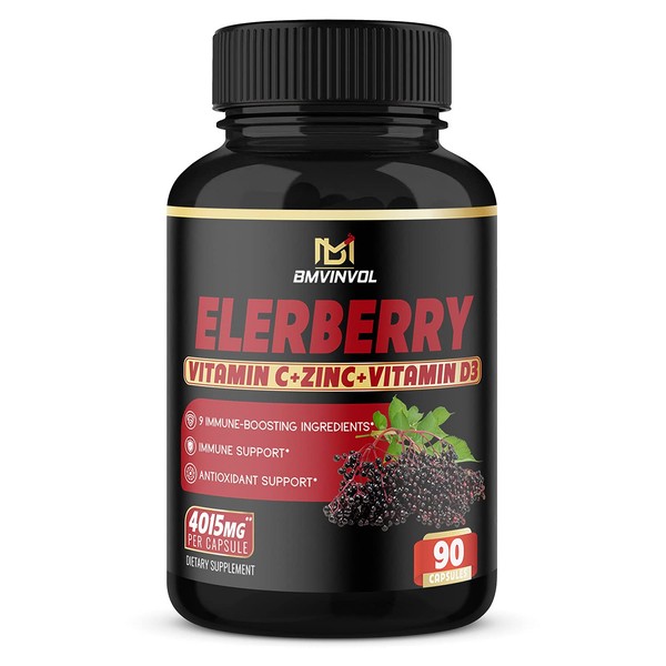 BMVINVOL (3 Months Supply) Elderberry Extract Capsules 4015 mg - 9 in 1 Herbal Supplement for Antioxidant & Immune Support - Enhanced with Vitamin D3, Ginger Root