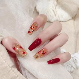 RTKHFZE Fall Press on Nails Medium Length Red False Nails Shiny Sequins with Maple Leaves Glitter Designs Acrylic Nails 24Pcs Autumn Full Cover Fake Nails Stick on Nails for Women and Girls