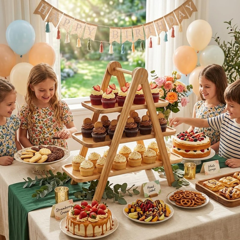 3 Tier Foldable Cupcake Stand, Rectangle Wooden Serving Tray, Farmhouse