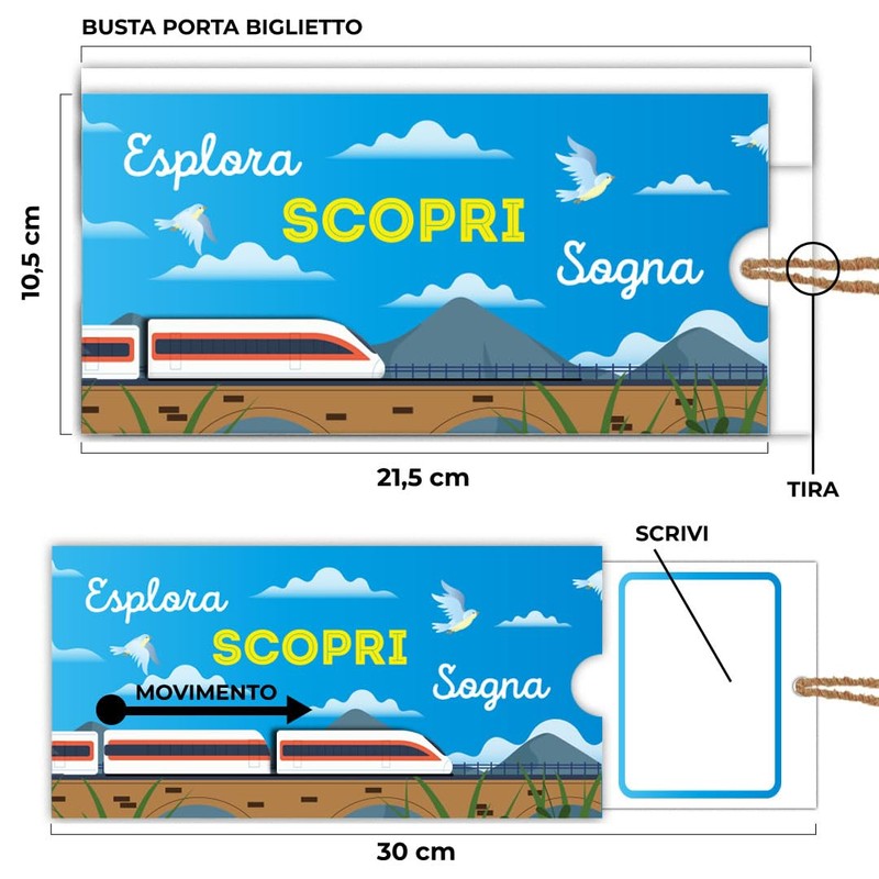 LINA OFFICINE GRAFICHE CREATIVE biglietto auguri regalo viaggio TRENO portasoldi