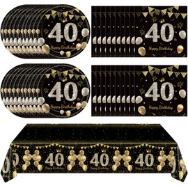 41Pcs 40th Birthday Decorations for Men Women, Black Gold 40 Year Old Birthday Party Supplies Include 20 Plates 20 Napkins and 1 Tablecloth, Black Gold 40 Aged Birth Party Tableware