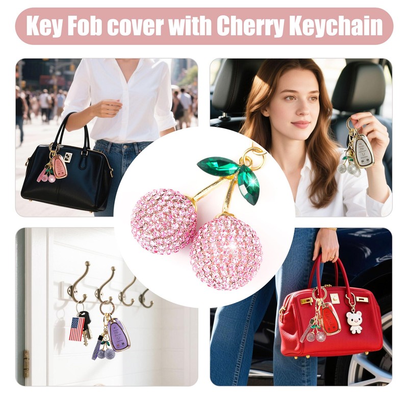Rayslesan Sparkly Key Fob Cover with Cherry Keychain, Bling TPU