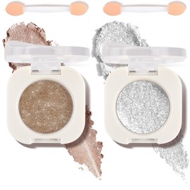 2 Colors Single Glitter Eyeshadow with Brush,Champagne Pearl Glow and Cold Silver Glow Eye-Shadow, Silky Fine Subtle Shimmer Eye Shadow with Lightweight & Ultra-Blendable Formula for Daily Eye Glitter
