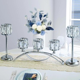 KEHAIL 3 Arms Crystal Candle Holders, Arch Candlestick Table Candelabras Centerpieces for Wedding, Dinning Room, Cabinet Ornaments, Home Decoration， Gift (3-arm Arched Set, Silver)