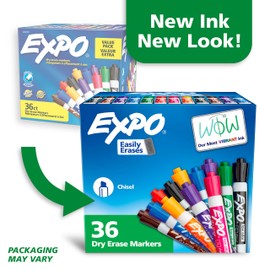 EXPO Chisel Tip Dry Erase Markers Low-Odor Assorted Colors Pack of 36 - Ideal for Classrooms Offices and Homes
