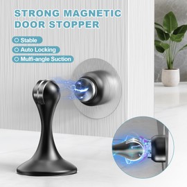 Profasion 2 Pack Magnetic Door Stoppers, Stainless Steel Door Stops for Wall and Floor Mounting, Door Holder Keep Door Open, No Drilling Door Stop with 3D Adhesive Tapes, Black