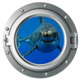 Niwo ART - Shark B, Sea Porthole Under Water Submarine 3D Decal, Peel and Stick Self-Adhesive Wall Sticker (30 inches)