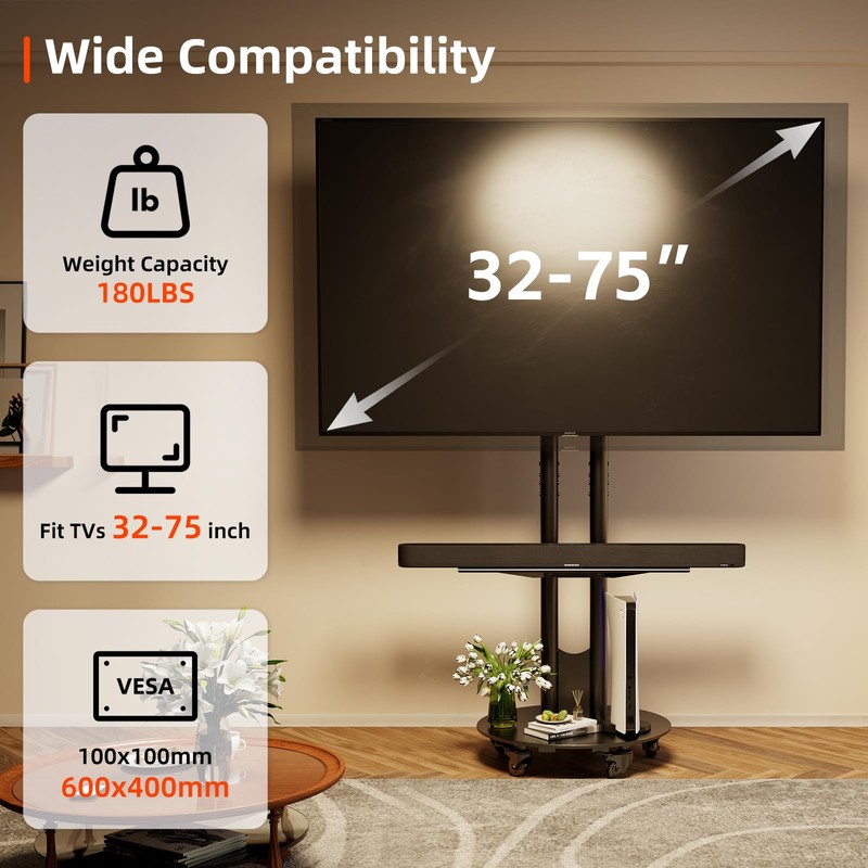 CABTE Rolling TV Stand,Heavy Duty Mobile TV Stand with Storage