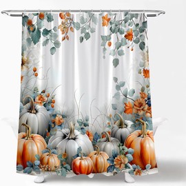 Generic Fall Pumpkin Shower Curtain Watercolor Blue Orange Leaves Floral Autumn Maple Leaf Harvest Thanksgiving Farmhouse Seasonal Holiday Rustic Country Fabric Bathroom Curtain with Hook