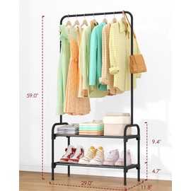 Sakugi Clothes Rack - Multi-Functional Clothing and Shoe Rack with Anti-Slip Stopper, Large-Capacity 2-Tier Shoe Organizer for Bedroom, Entryway, and Laundry Room, 29" x 11.8" x 59", Black