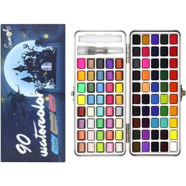 SEAMIART Watercolor Half Tray 90 Colors - 50 Basic Colors 36 Bright Colors and 4 Neon Assorted Colors Palette Metal Carrying Case for Beginners, and Professional Artists Include Pen