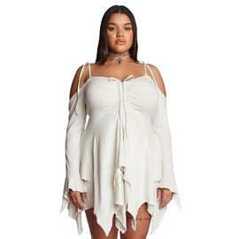 Dolls Kill Dolls Kill F is for Fairies Handkerchief Dress by Current Mood - Off-Shoulder, Custom Fit Dress, Perfect for Fairycore Fashion - White, Large