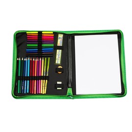 Dinosaur Drawing Bag - Complete Drawing Case and Drawing Sets with 12 Colouring Pencils, 12 Markers, Eraser, Sharpener, Ruler, 2 Grey Pencils and Drawing Book