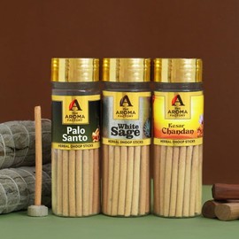 The Aroma Factory Dhoop batti, No Bamboo Herbal Dhoop Sticks with Incense Holder, 3 Bottle x 100g (Palo Santo, White Sage & Kesar Chandan)