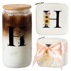 AYGXU Birthday Gifts for Women,Initial Glass Cup,Cute Tumbler Cup,bamboo lids for glass cups,Travel Jewelry Organizer,Teen Girls Gifts for Teenage Girls Birthday,Initial H white