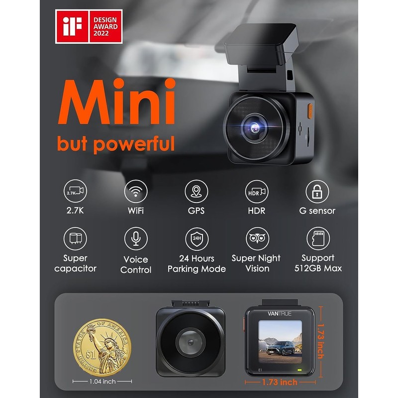 Vantrue E1 Mini 2.7K WiFi Dash Cam, 1944P Dash Camera