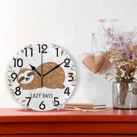 Naanle Cute Baby Sloth Sleeping Among Flowers and Leaves Round Wall Clock Decorative, 9.5 Inch Battery Operated Quartz Analog Quiet Desk Clock for Home,Office,School