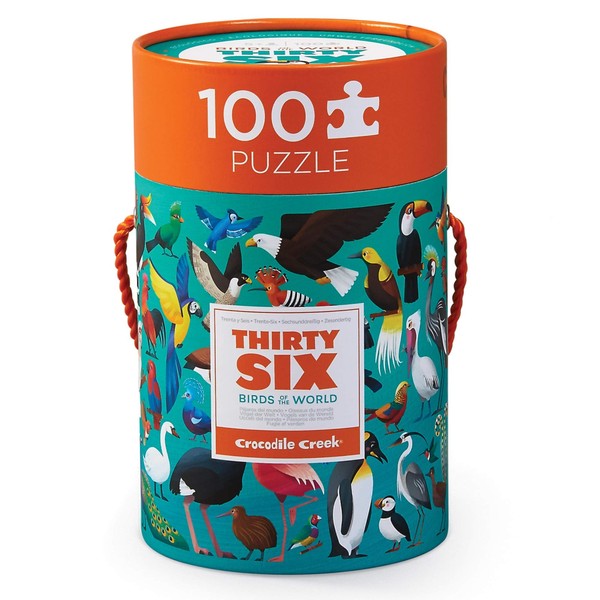 Crocodile Creek - Thirty-Six Birds of The World - 100 Piece Jigsaw Puzzle in Canister, Includes Educational Animal Finder Sheet, for Ages 5 Years and Up