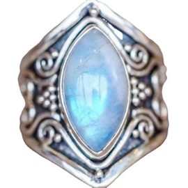925 Sterling Silver Vintage Natural Moonstone Rings Antique Boho Ladies Jewelry Elegant Gemstone Wedding Rings Thai Silver Jewelry Holiday Gifts Cocktail Party Rings Sizes 6-10 632 (6)