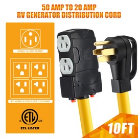 Kanayu 10ft 50 Amp to 20 Amp 110v Rv Distribution Adapter Compatible with Nema 14-50p to 4x 5-20r/ 5-15r 4 Prong Rv Generator Dryer Wall Socket for Four Household Outlet with 20amp Circuit Breaker