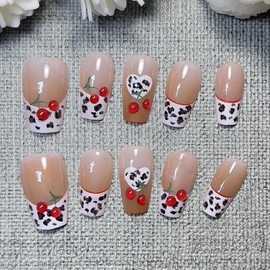 Handmade Press-On Nails, French Tip Press-On Nails, Handcrafted Leopard Print Short Coffin Nails with 3D Cherry Design, Reusable Hand-Painted Nails, Including Tool Kit, 10 Pieces (SHN5-S, S)