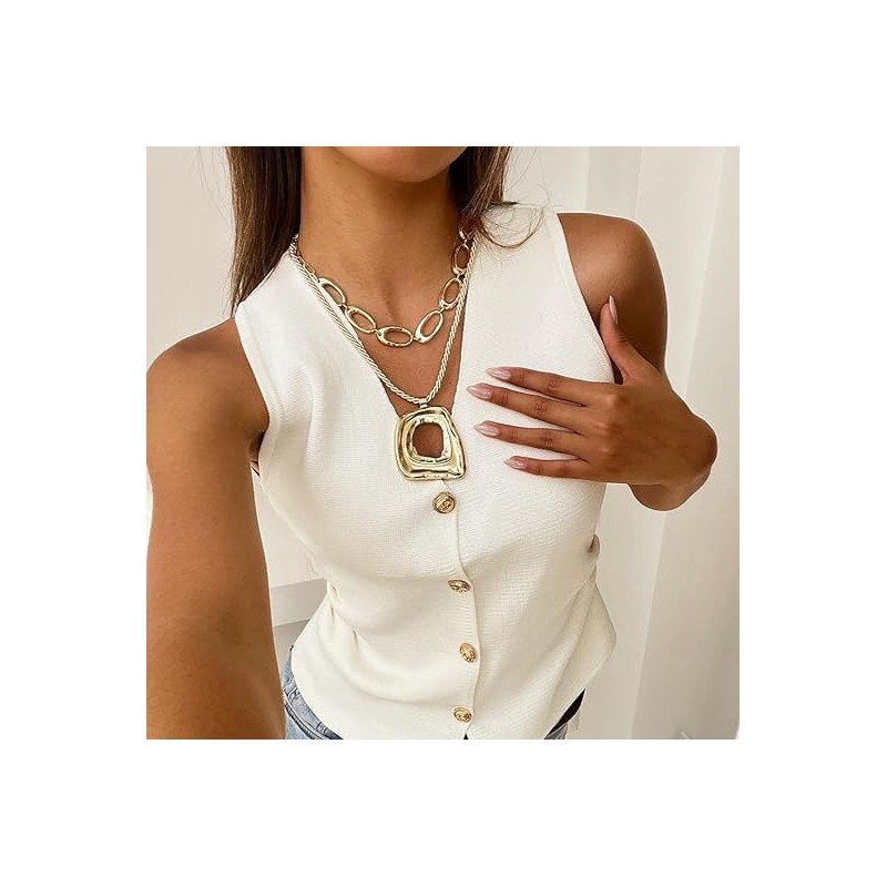 DIONFEI Fashionable Layered Gold Chain Pendant Necklace - Beige Rope