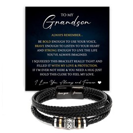 To My Grandson Bracelet from Grandma Grandpa With Heartfelt Message & Elegant Box, Braided Leather Bracelets Gifts For Grandson, Birthday, Graduation, Christmas Gifts For Grandsons