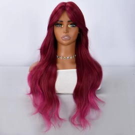 Smilco New Tiktok Selling Cute Red and pink 28-inch Synthetic Wig with Bangs Heat-resistant Synthetic Wave Party SM581color: Red, Stretched Length: 30 inches
