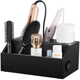 Bivvclaz Hair Tool Organizer, Wooden Hair Dryer Holder Wall Mount, Countertop Hot Tools Organizer for Hair Styling Accessories, Bathroom Supplies Vanity Caddy for Curling Wand, Blow Dryer, Black