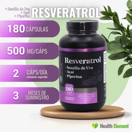 Resveratrol 180 Cápsulas | Uva Roja, Acai y Pimienta negra | Antioxidante |1000 mg por porción | Dura 3 Meses | Alta en Polifenoles | Ingredientes Naturales | 3 Meses de suministro