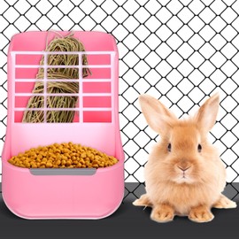 2 Pcs Rabbit Hay Feeder and Food Bin, 2 in 1 Rabbit Food Bowl and Hay Feeder Feeders Supplies for Chinchillas Guinea Pig Hamsters (Pink+Green)