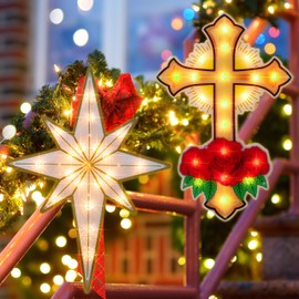 LAMPHOME 2 Pack Lighted Cross and Bethlehem Star Christmas Window Silhouette Lights Decorations,Window Sculpture Decoration for Christmas,Party,Home,Patio Lawn,Garden