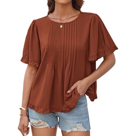 GRACE KARIN Women's 2025 Summer Babydoll Tops Casual Crewneck Ruffle Sleeve Shirts Loose Fit Pleated Blouse Outfits Red Brown XL