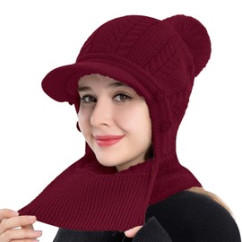 Rayson Winter Thickened Lining Hat for Women Thermal Balaclava Hood Scarf with Visor Knitted Winter Caps for Women with Pom Pom(Burgundy,One Size)