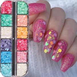 Holographic Nail Glitter Sequins 3D Flakes Laser Gradient Nail Art Design Sequins Shiny Nail Glitter for Acrylic Nails, 12 Colors Nail Art Sequins for Women Girls Manicure DIY Nail Art Decorations