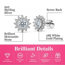 Moissanite Stud Earrings for Wife Girlfriend, 1.3Carat Moissanite, D Color VVS1 Solitaire Earrings in 925 Sterling Silver, Platinum Plated Hypoallergenic Jewelry Gift for Women