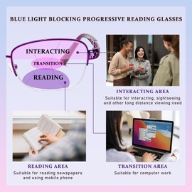 DEHOTRE Progressive Multifocal Reading Glasses Women No Line Bifocal Readers with Nose Pad Metal Half Frame Mid-Near Range 3ft Purple 2.75